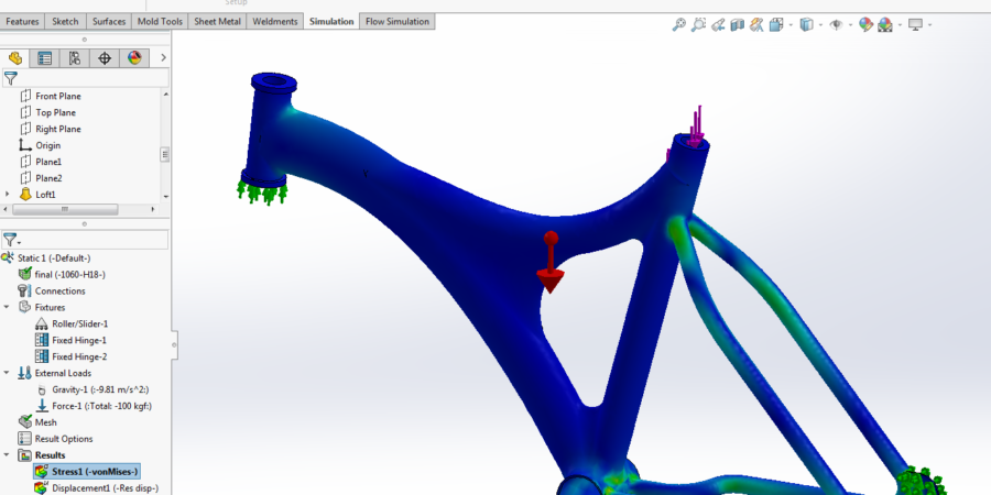The result view of bicycle after boundary conditions are defined such as contacts, fix, gravity, force and so on.